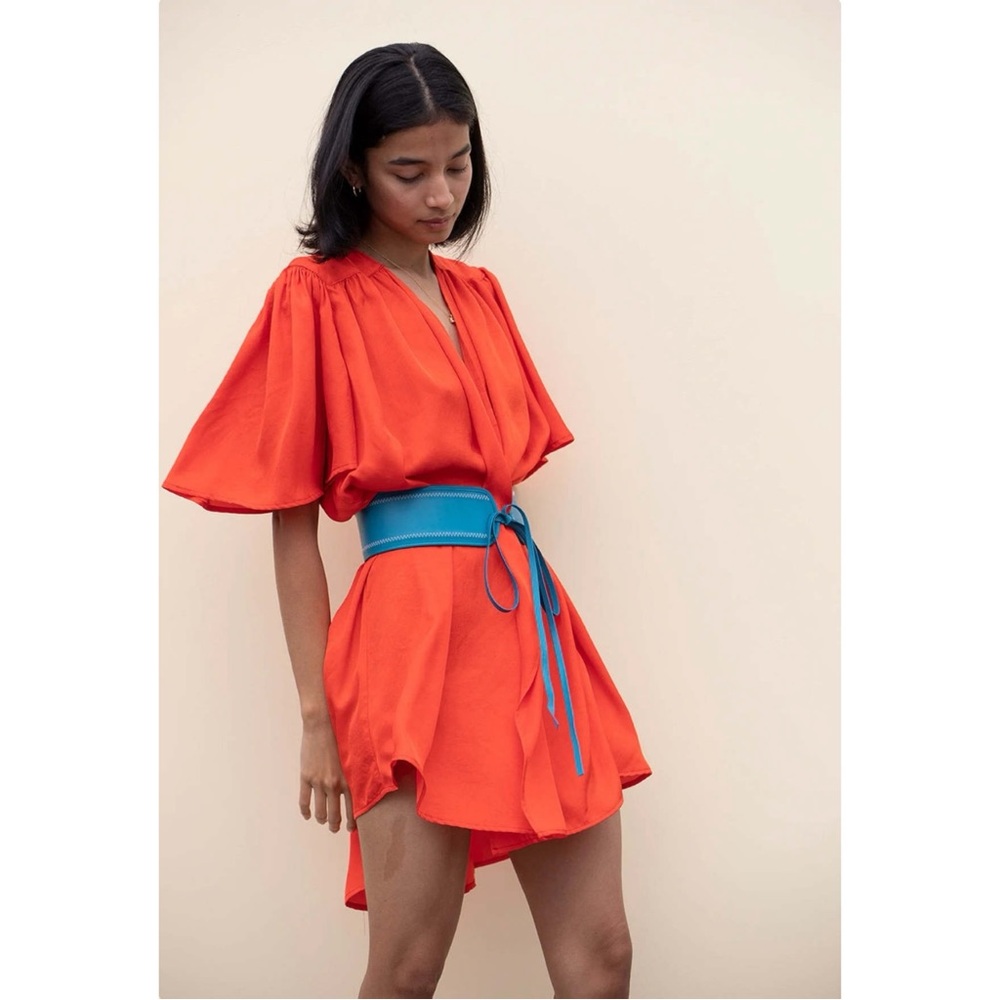 Ciao Lucia Sabrina Dress - Red Orange Bell Sleeve V-Neck Belted Mini Dress sz L